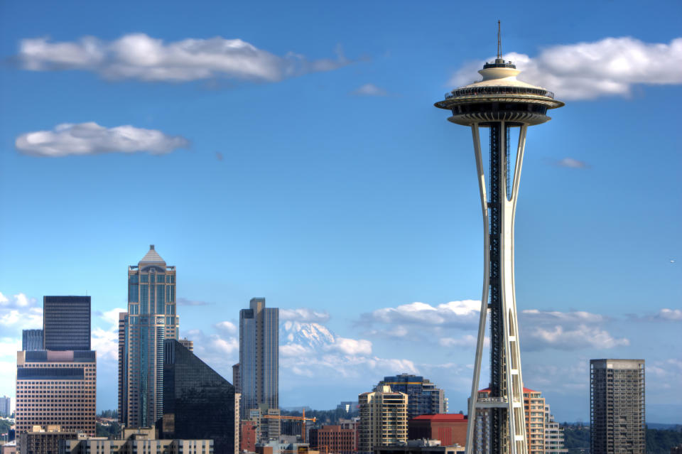 Seattle skyline featuring the Space Needle and downtown buildings during the day