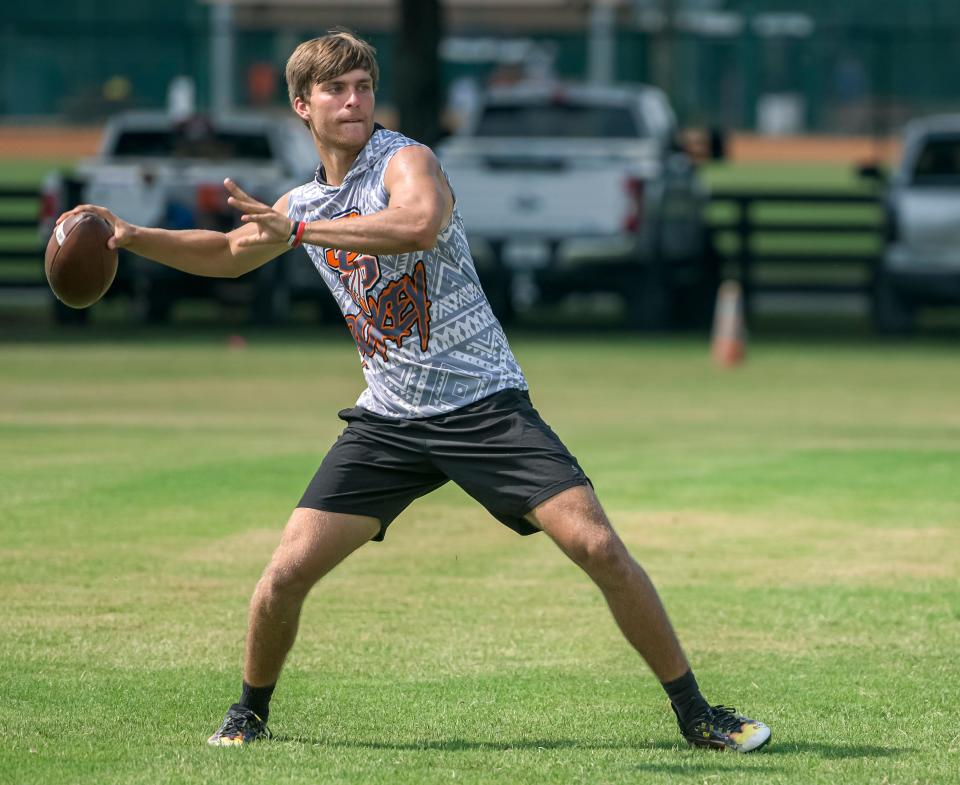 Seminole High School Seminoles’ Luke Rucker throws a pass at the Florida High School 7v7 Association state championship in The Villages on Friday, June 24, 2022.