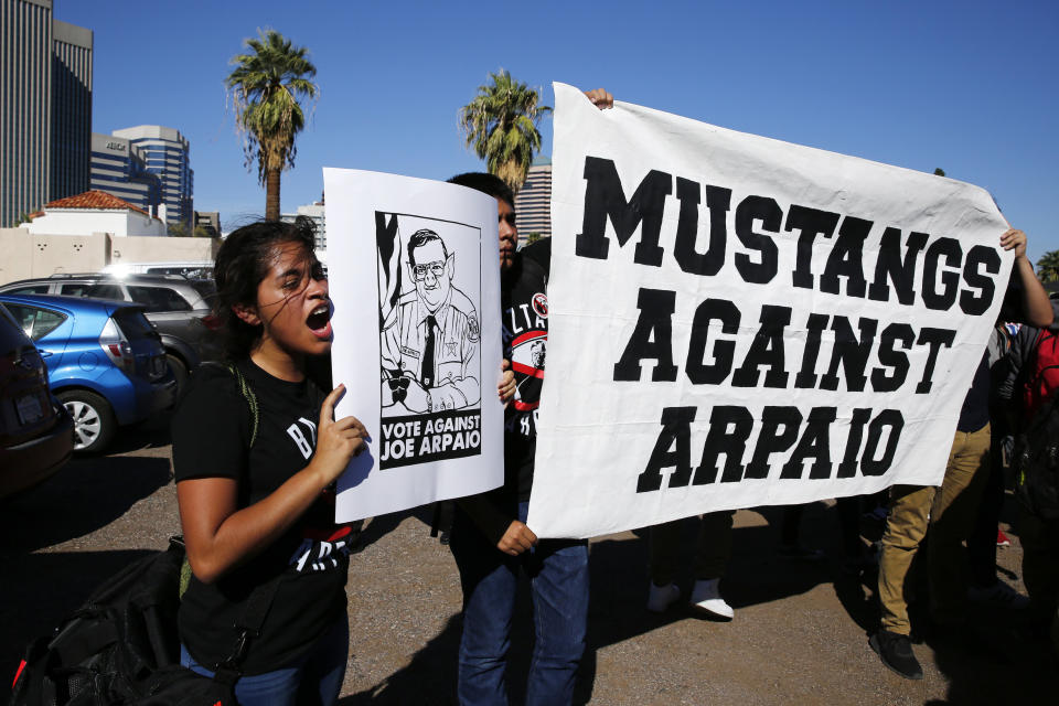 High school sophomore Yazmin Sagastume protests against Sheriff Joe Arpaio on election day in downtown Phoenix, Arizona, on Nov. 8.&nbsp;