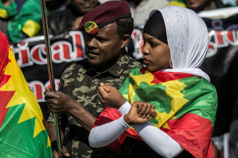 A demonstrator (L) joins members of the Oromo, Ogaden and Amhara community in South Africa as they demonstrate on August 18, 2016 in Johannesburg against the crackdown in the restive Oromo and Amhara region of Ethiopia