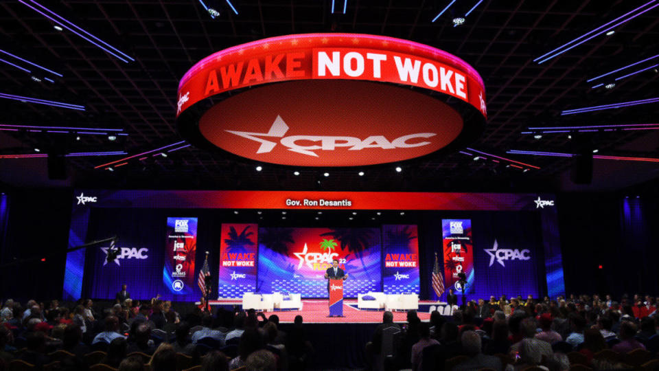 <div class="inline-image__caption"><p>Florida Republican Governor Ron DeSantis addresses attendees on day one of the 2022 Conservative Political Action Conference (CPAC) in Orlando.</p></div> <div class="inline-image__credit">Getty Images</div>