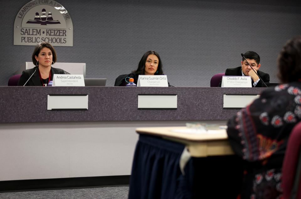 Salem-Keizer School Board members listen to concerns from the public about the proposed budget cuts during a school board meeting on Tuesday.