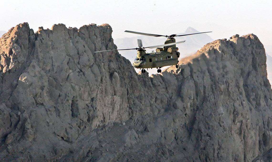 A Ch-47F Chinook helicopter assigned to 3-82nd General Support Aviation Battalion flies through southern Afghanistan in the Kandahar Province during a re-supply mission.