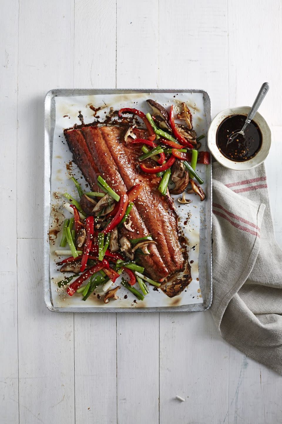 Honey-Soy Glazed Salmon With Mushrooms and Peppers