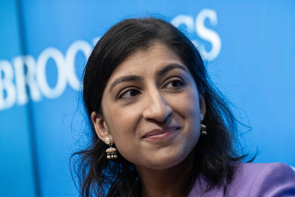 WASHINGTON, DC - OCTOBER 4:  Federal Trade Commission Chair Lina Khan speaks during a discussion on antitrust reforms at the Brookings Institution October 4, 2023 in Washington, DC. Khan assumed the role of FTC chair in June 2021 after being appointed by U.S. President Joe Biden and confirmed by the Senate. (Photo by Drew Angerer/Getty Images)