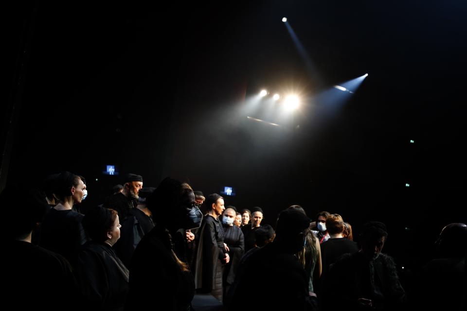 Singers from the Greek National Opera wearing face masks to curb the spread of coronavirus, take a break during a rehearsal of "Despo-Greek Dances" Opera and dance performance in Athens, Thursday, March 4, 2021. Dozens of museum exhibitions, theater productions, discussion panels and historical re-enactments were planned in Greece for this year to commemorate the bicentennial of the 1821-1832 Greek War of Independence. But due to the coronavirus pandemic, mezzo-soprano Artemis Bogri and her fellow singers stepped onstage in an empty theater to perform the Greek National Opera’s new production of “Despo,” one of the events marking 200 years since the war that resulted in Greece’s independence from the Ottoman Empire and rebirth as a nation. (AP Photo/Thanassis Stavrakis)