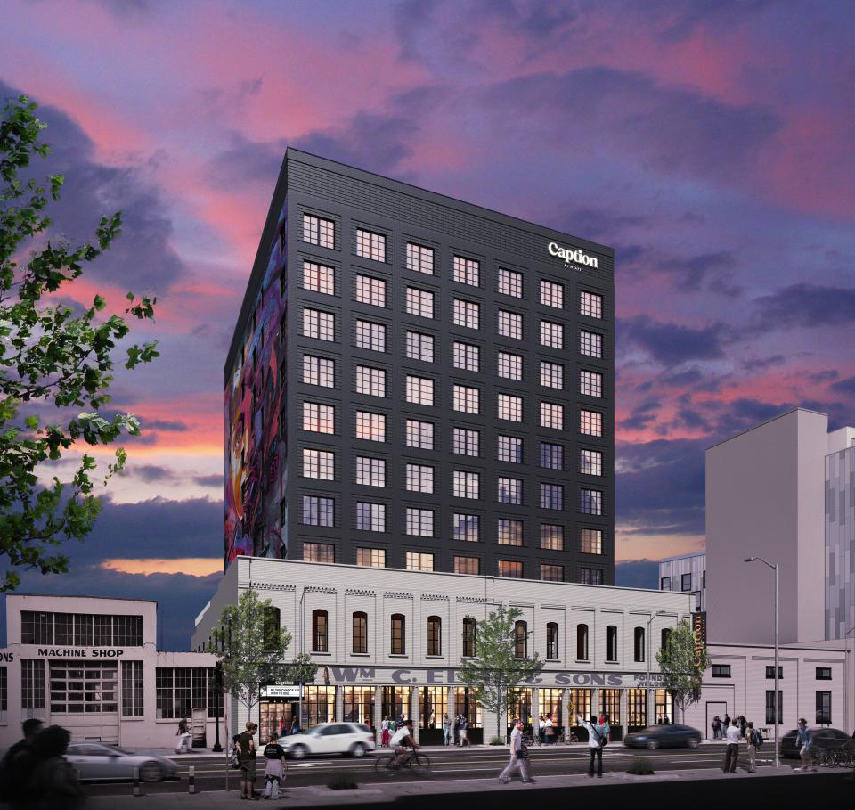 The Caption by Hyatt Beale Street Memphis will open to guests July 1. A rendering shows the exterior of the hotel at the One Beale development