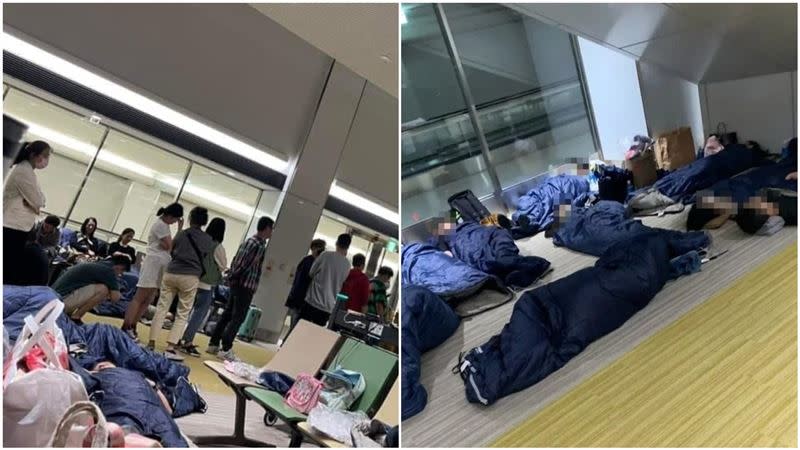 旅客受困成田機場，打地舖睡成一團。（組合圖／翻攝自臉書「星宇航空 討論區」、翻攝自PTT）