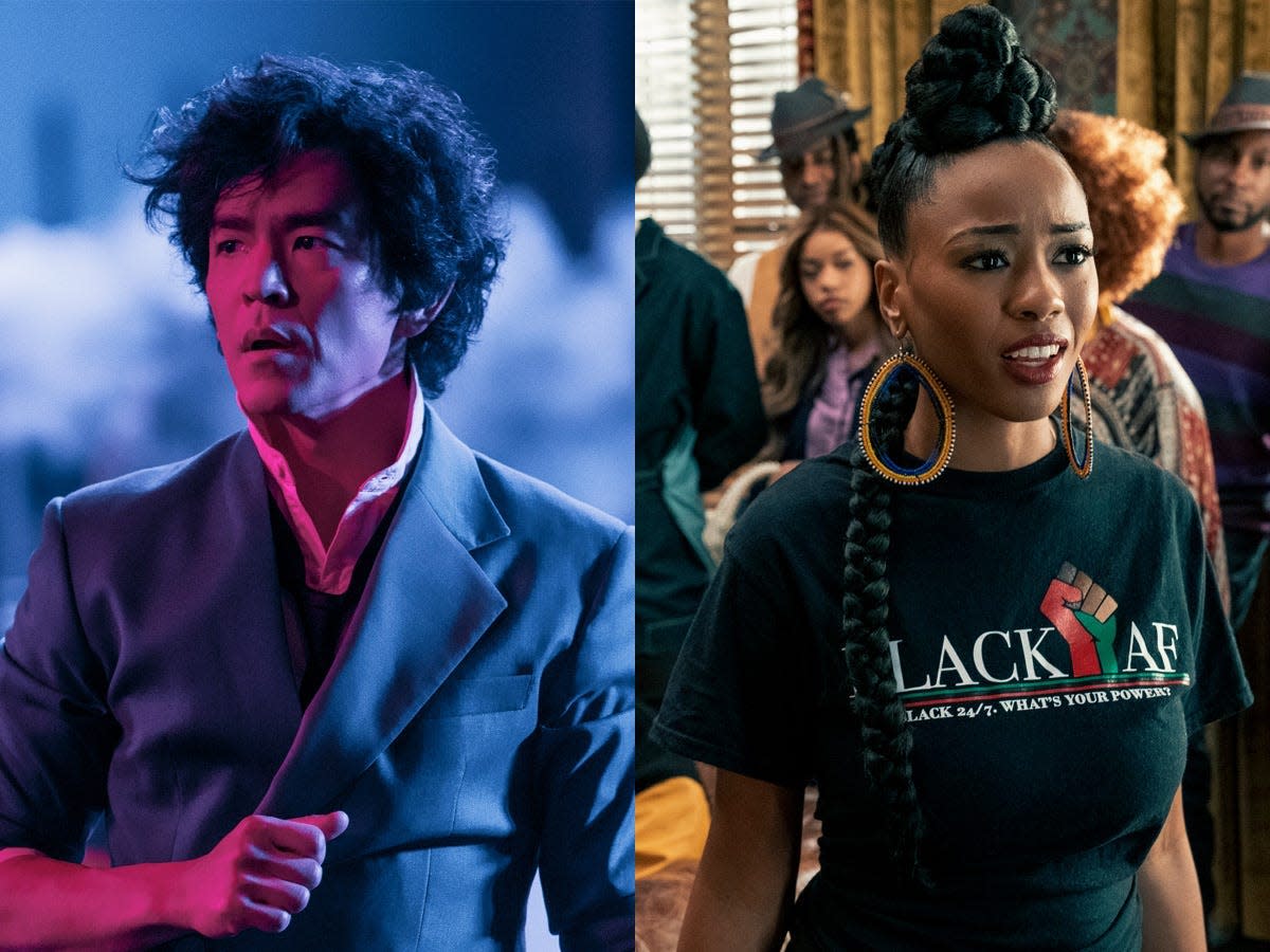 on the left, actor in cowboy debop in suit. on the right, actress in dear white people in t-shirt