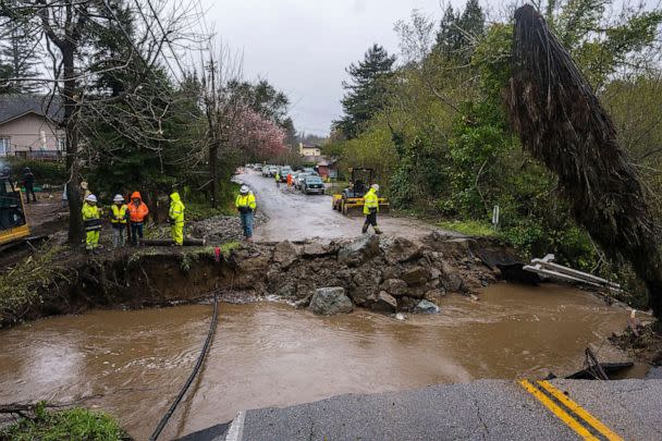 PHOTO: Crews assess storm damage, which washed out North Main Street in Soquel, Calif., March 10, 2023. (Nic Coury/AP)