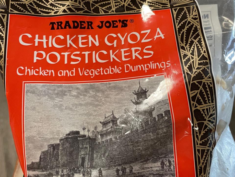 trader joe's chicken gyoza potstickers in their package from the freezer aisle