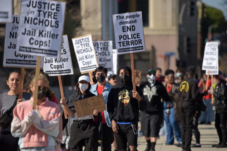 Protesters rally against the fatal police assault of Tyre Nichols, in front of the Los Angeles Police Department headquarters in Los Angeles, California, on January 28, 2023.<span class="copyright">Agustin Paullier/AFP—Getty Images</span>