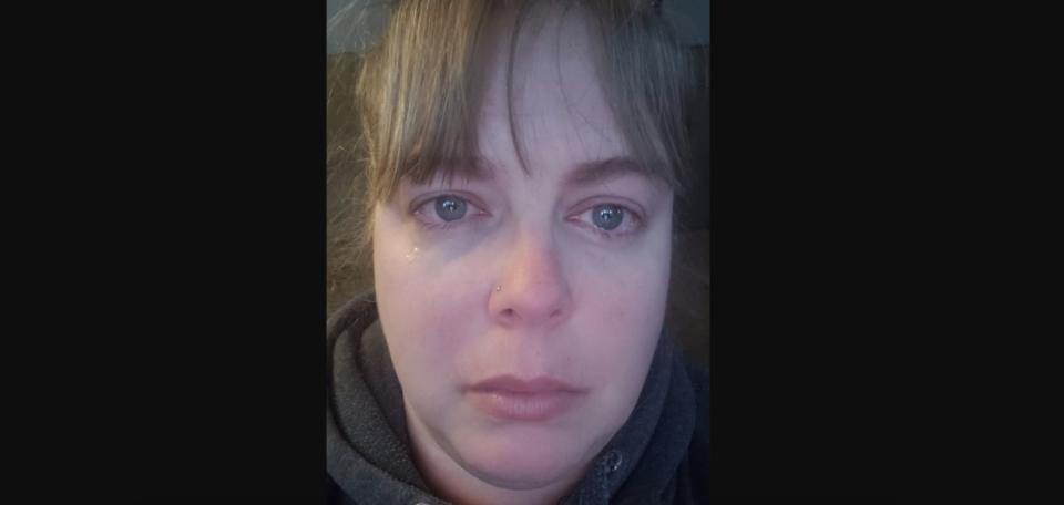 Leslie Lascelle is seen with tears in her eyes as she looks ahead in a photo she shared to Facebook  (Facebook)