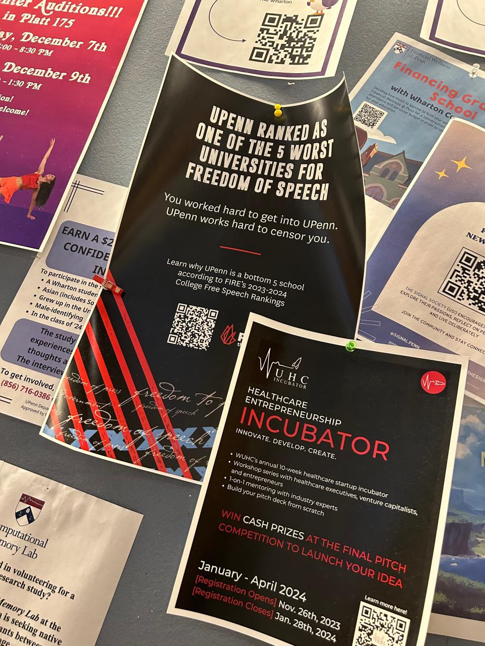 A flier posted inside the Jon Huntsman Hall at the University of Penn's Wharton School takes the university to task for its stance on free speech.
