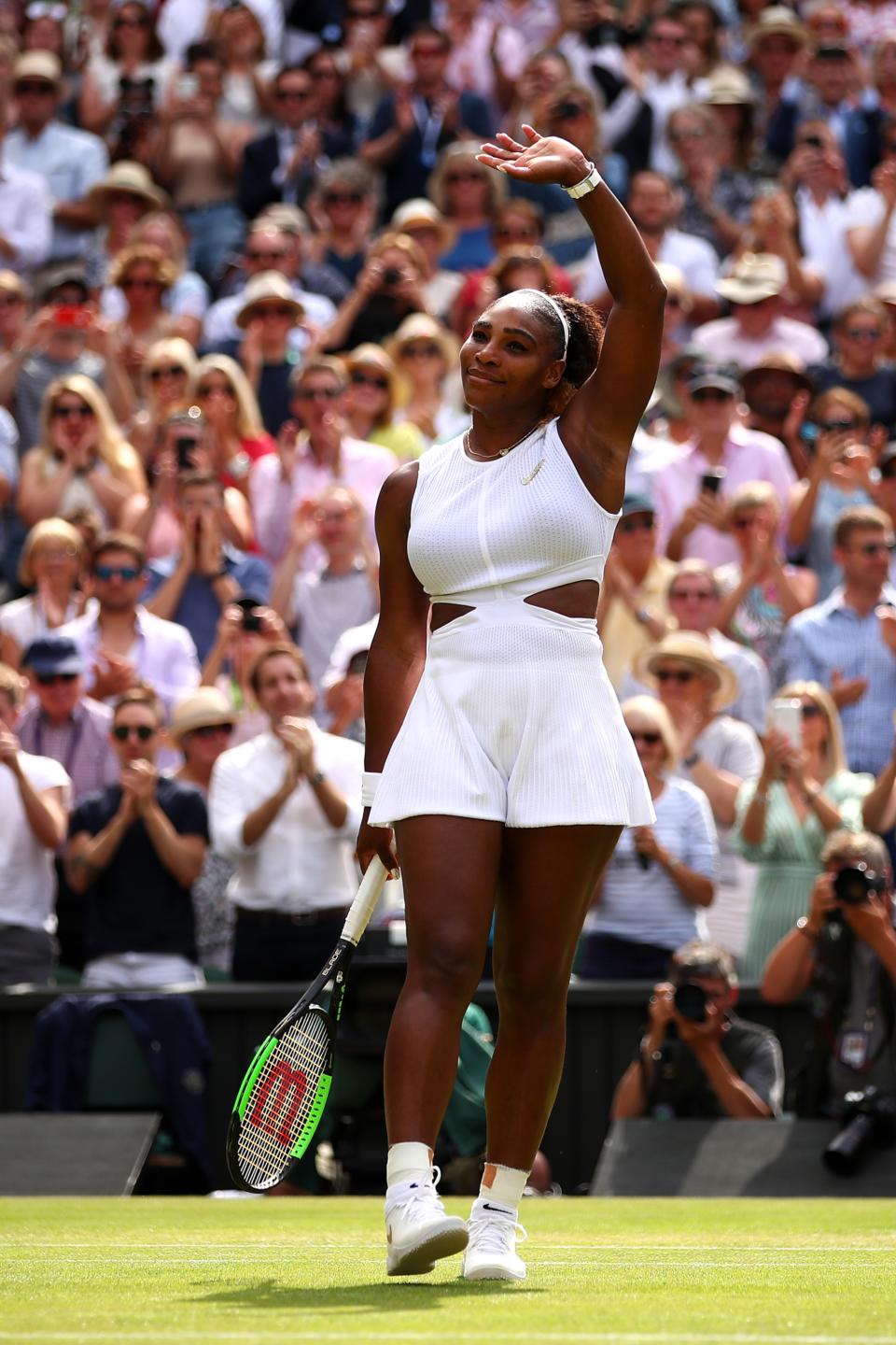 serena williams wimbledon fashion outfits and looks, LONDON, ENGLAND - JULY 11: Serena Williams of The United States celebrates victory in her Ladies' Singles semi-final match against Barbora Strycova of The Czech Republic during Day Ten of The Championships - Wimbledon 2019 at All England Lawn Tennis and Croquet Club on July 11, 2019 in London, England. (Photo by Clive Brunskill/Getty Images)