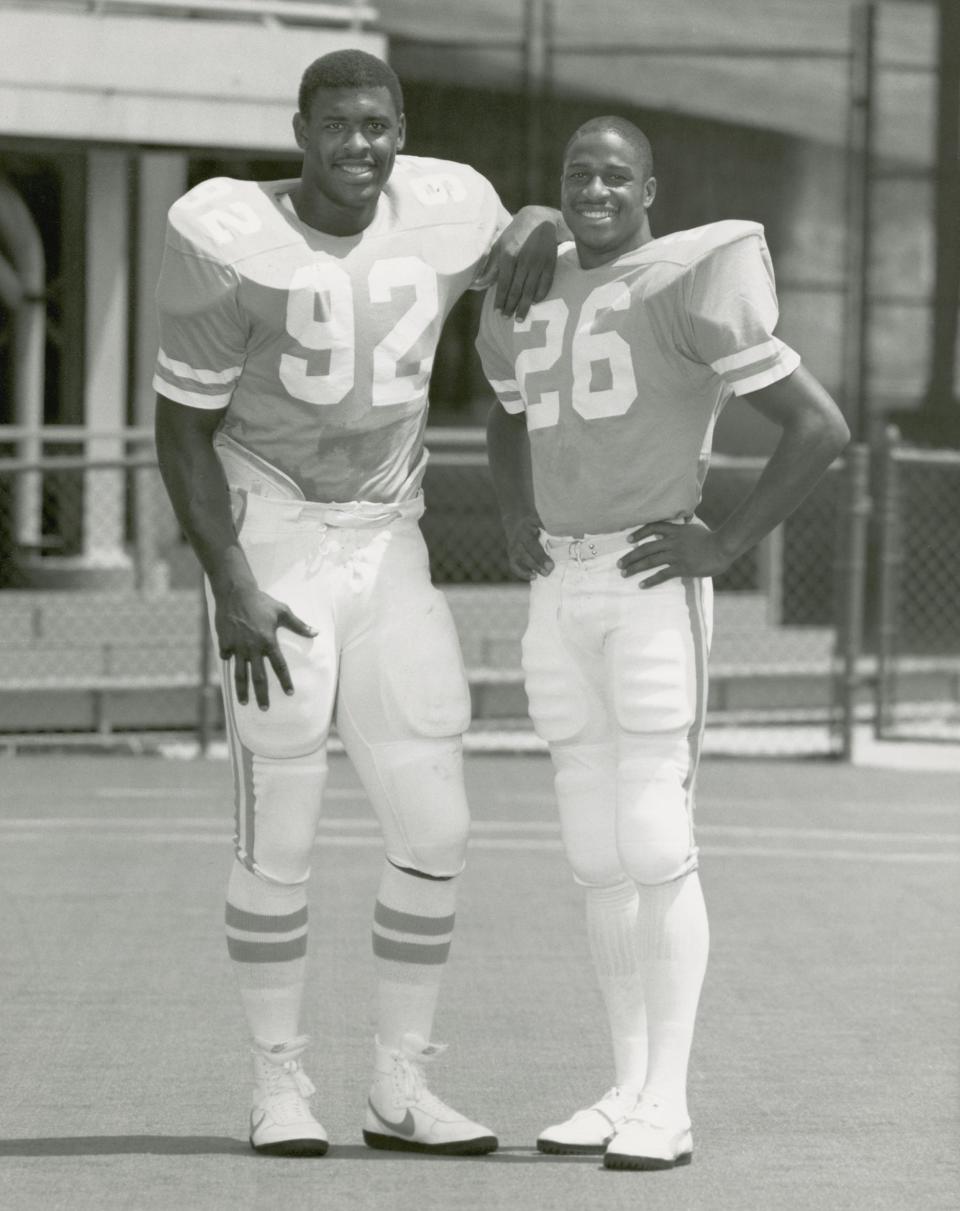 Undated photo of University of Tennessee football players Reggie White, left, and Willie Gault.  