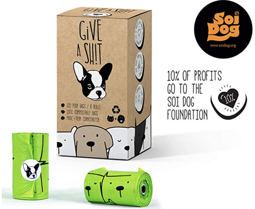 Compostable Dog Poop Bags, 10% to Charity, Biodegradable. PHOTO: Amazon