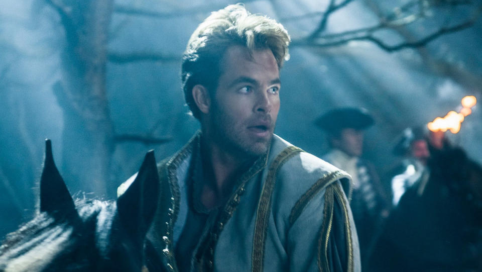 Chris Pine riding a horse in Into the Woods