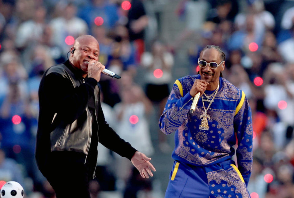 Dr. Dre and Snoop Dogg perform during the Pepsi Super Bowl LVI Halftime Show.<span class="copyright">Rob Carr/Getty Images</span>