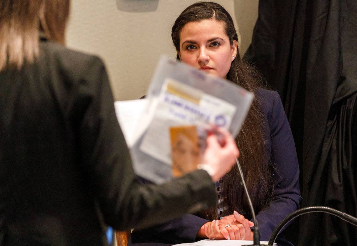 Prosecutor Savanna Goude, left, questions State Law Enforcement Division agent Sara Zapata, a forensic scientist, during the Alex Murdaugh double murder trial at the Colleton County Courthouse in Walterboro, S.C., Monday, Feb. 13, 2023. (Grace Beahm Alford/The Post And Courier via AP, Pool)