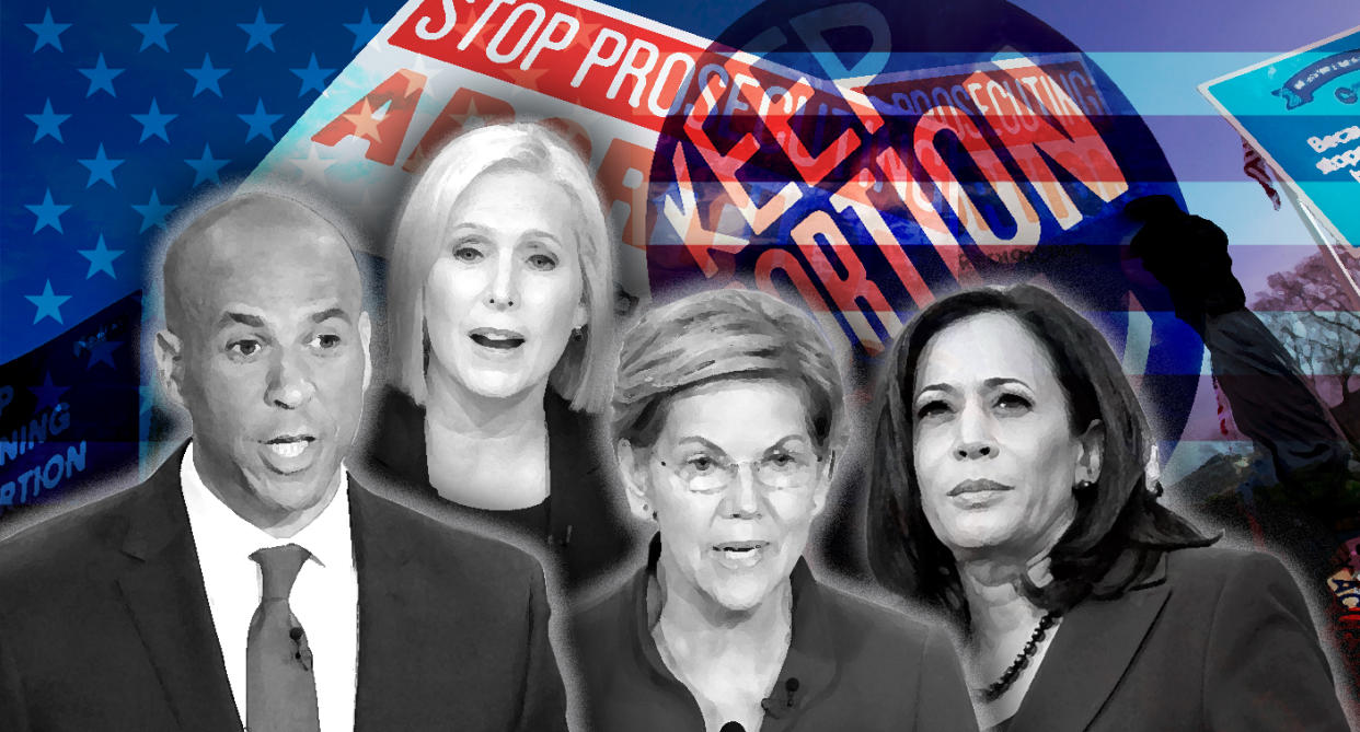 Cory Booker, Kirsten Gillibrand, Elizabeth Warren and Kamala Harris. (Photo illustration: Yahoo News; photos: AP(3), Elijah Nouvelage/Reuters, Jose Luis Magana/AP, Patsy Lynch/MediaPunch/AP, AP)