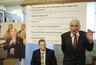 In this April 10, 2014 photo, Tony Serra, right, as he speaks next to Curtis Briggs, both attorneys for Raymond "Shrimp Boy" Chow, pictured at left, at a news conference in San Francisco. The FBI spent many millions of dollars and used more than a dozen undercover operatives posing as honest businessmen and Mafia figures alike during its seven year organized crime investigation centered in San Francisco’s Chinatown. Now, an increasing number of the defendants caught up in the probe that has ensnared a state senator and an aide are arguing that the FBI and its undercover agents are guilty of entrapment, luring otherwise honest people to go along with criminal schemes hatched by federal officials. (AP Photo/Jeff Chiu)