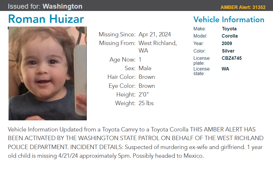 Authorities in Washington state issued an Amber Alert for a 1-year-old boy Roman Huizar on April 22, 2024. The baby is believed to be traveling with his relative, 39-year-old Elias Huizar, who is wanted on two homicide charges and considered armed and dangerous.