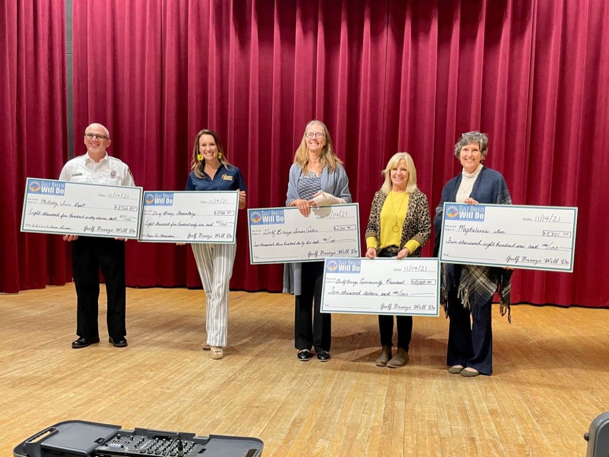 Gulf Breeze Will Do 2021 grant recipients from left to right: Michael Osban, Midway Fire Department; Melody Griffin, Gulf Breeze Elementary School; Kimberly Giryluk, Gulf Breeze Senior Center; Kellie Gless, Gulf Breeze Community Preschool; and Josie Cotti, Magdalene's Inc.