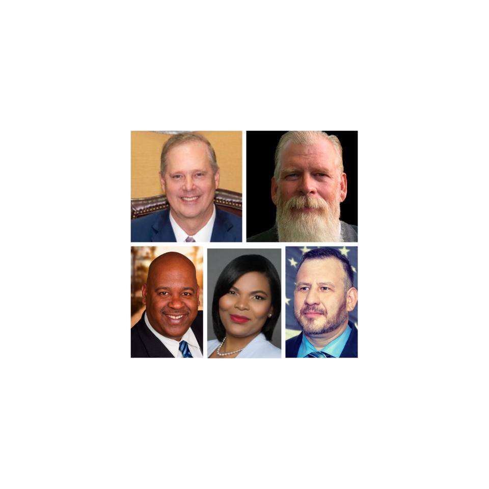 Candidates for Florida Commissioner of Agriculture: Top: Republicans Wilton Simpson and James Shaw; Bottom: Democrats J.R. Gaillot, Naomi Esther Blemur and Ryan Morales