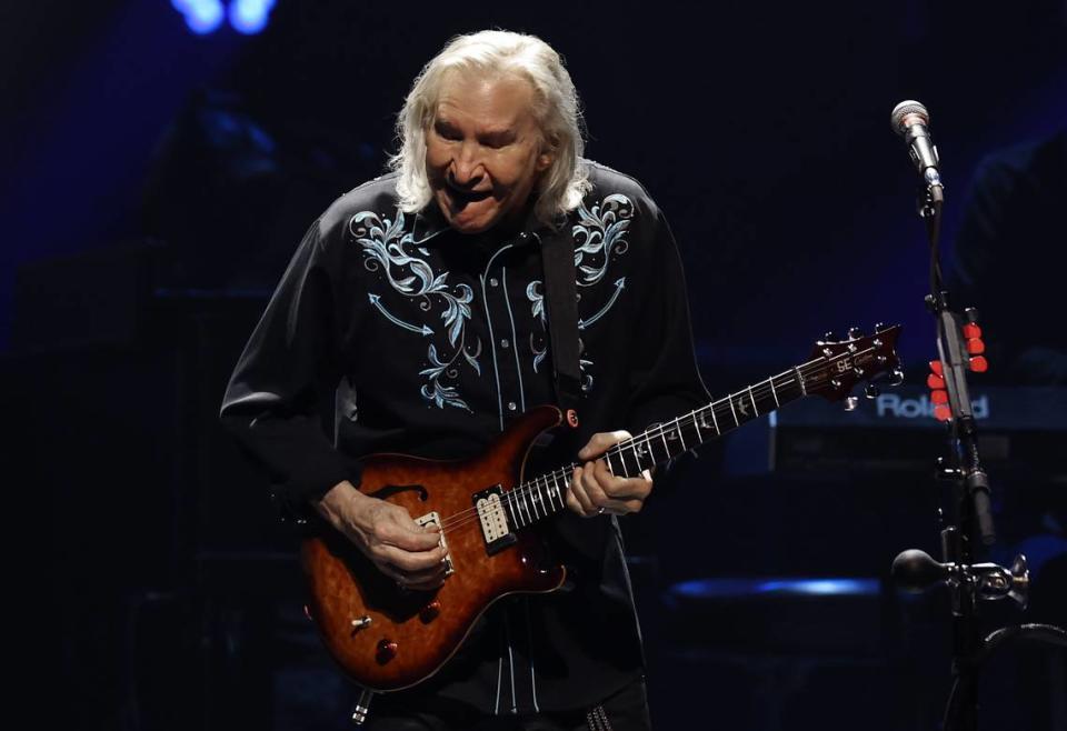 Eagles guitarist Joe Walsh performs during the band’s “The Long Goodbye” tour at Spectrum Center in Charlotte, NC on Tuesday, November 7, 2023.