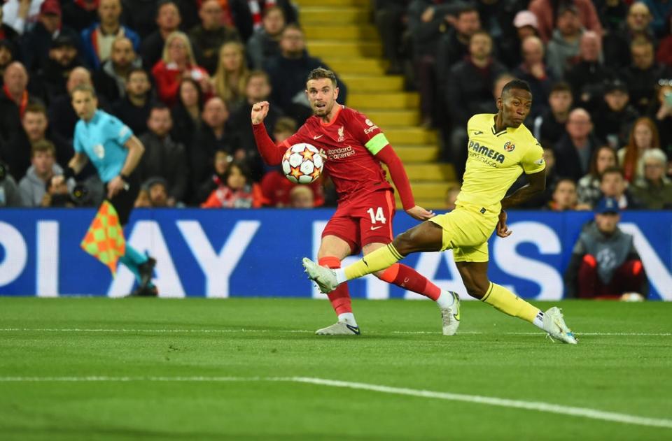 Jordan Henderson’s cross deflected in for Liverpool’s first (Liverpool FC via Getty Images)