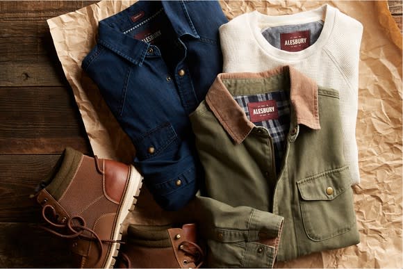 Three shirts and a pair of boots from Stitch Fix's brand Alesbury.