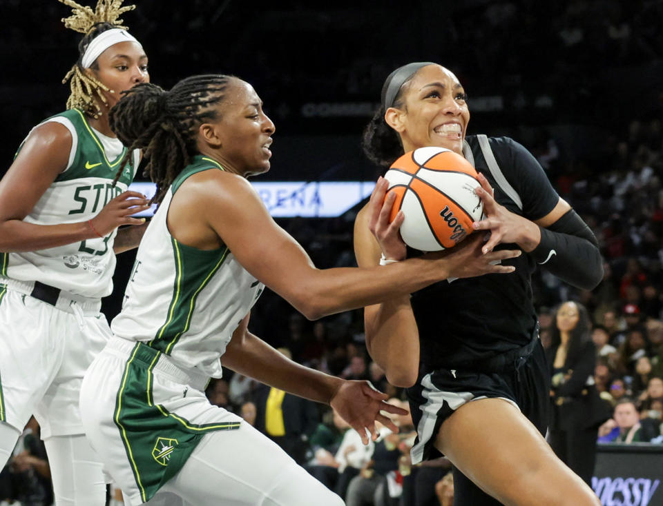 LAS VEGAS, NEVADA - SEPTEMBER 22: Nneka Ogwumike #3 of the Seattle Storm knocks the ball away from A'ja Wilson #22 of the Las Vegas Aces in the fourth quarter of Game One of the 2024 WNBA Playoffs first round at Michelob ULTRA Arena on September 22, 2024 in Las Vegas, Nevada. The Aces defeated the Storm 78-67. NOTE TO USER: User expressly acknowledges and agrees that, by downloading and or using this photograph, User is consenting to the terms and conditions of the Getty Images License Agreement. (Photo by Ethan Miller/Getty Images)