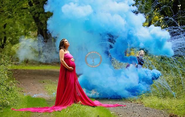 JoAnn's assistant Mary set off smoke bombs to get the amazing technicoloured effect. Photo: Facebook/fromlabortolove