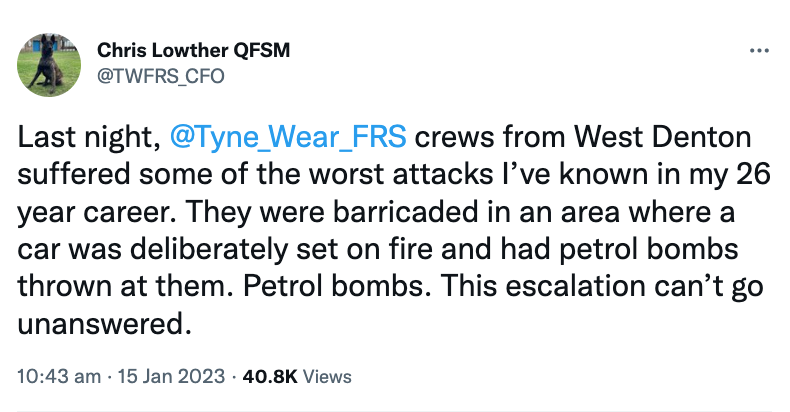 Chief fire officer Chris Lowther tweeted that it was the worst attack he had seen in 26 years. (Twitter/Chris Lowther)