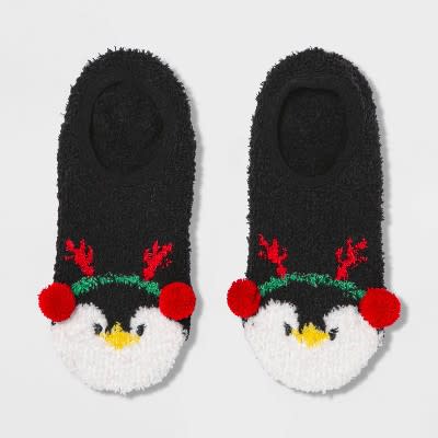 Holiday-themed penguin pull-on liner socks for women