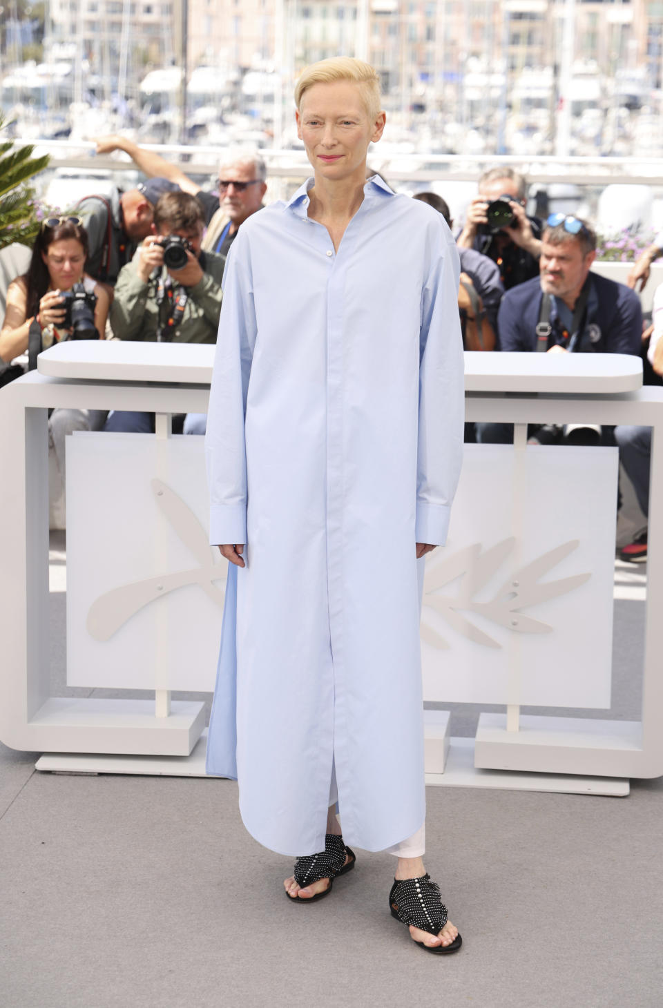 Tilda Swinton poses for photographers at the photo call for the film 'Three Thousand Years of Longing' at the 75th international film festival, Cannes, southern France, Saturday, May 21, 2022. (Photo by Vianney Le Caer/Invision/AP)