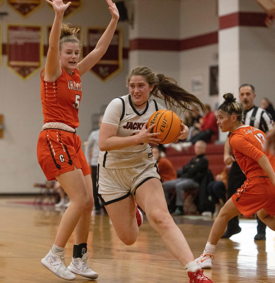 Jackson Memorial Zoie Maffei drives to the basket. Cherokee Girls Basketball vs Jackson Memorial  in NJSIAA Group 4 Semifinal in Berkeley Township on March 10, 2022. 