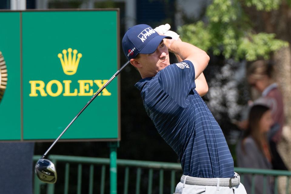 Maverick McNealy tees off on the 10th hole during the first day of practice for the PGA Championship on Monday, May 13, 2024 at Valhalla Golf Course.