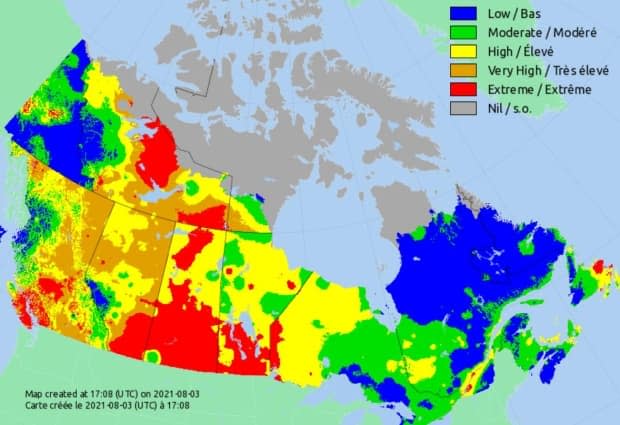 A fire danger map generated on the Natural Resources Canada website indicates Saskatchewan had the largest area of 'extreme fire risk' in the country as of noon Tuesday. (Natural Resources Canada website - image credit)