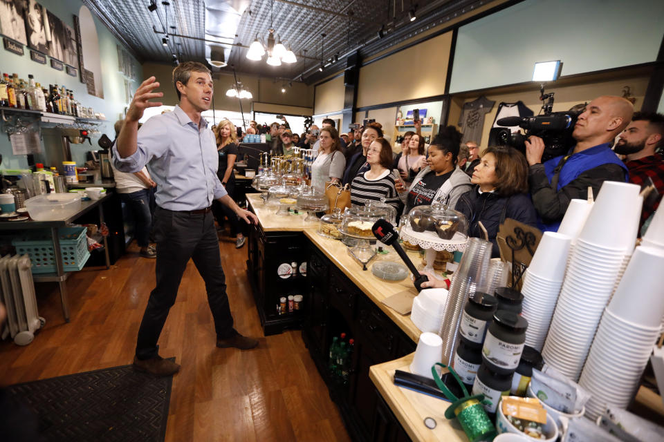 Former Texas congressman Beto O'Rourke speaks to local residents during a meet and greet at the Beancounter Coffeehouse & Drinkery, Thursday, March 14, 2019, in Burlington, Iowa. O'Rourke announced Thursday that he'll seek the 2020 Democratic presidential nomination. (AP Photo/Charlie Neibergall)