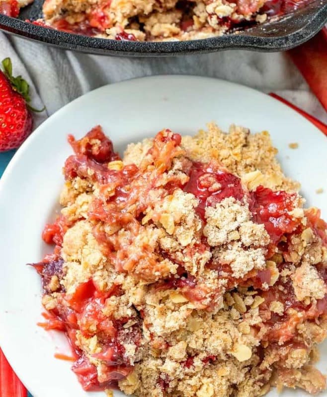 <p>The Country Cook</p><p>A thick fruit filling topped with crunchy oat topping.</p><p><strong>Get the recipe: <a href="https://www.thecountrycook.net/strawberry-rhubarb-cobbler/" rel="nofollow noopener" target="_blank" data-ylk="slk:Strawberry Rhubarb Cobbler;elm:context_link;itc:0;sec:content-canvas" class="link rapid-noclick-resp">Strawberry Rhubarb Cobbler</a></strong></p>
