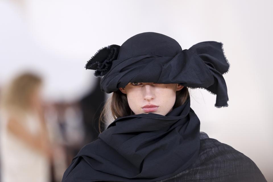 A model wears a creation for the Issey Miyake Spring/Summer 2024 womenswear fashion collection presented Friday, Sept. 29, 2023 in Paris. (AP Photo/Vianney Le Caer)