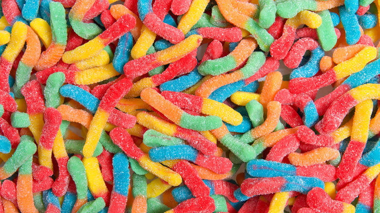 Close-up of rainbow sour gummy worms