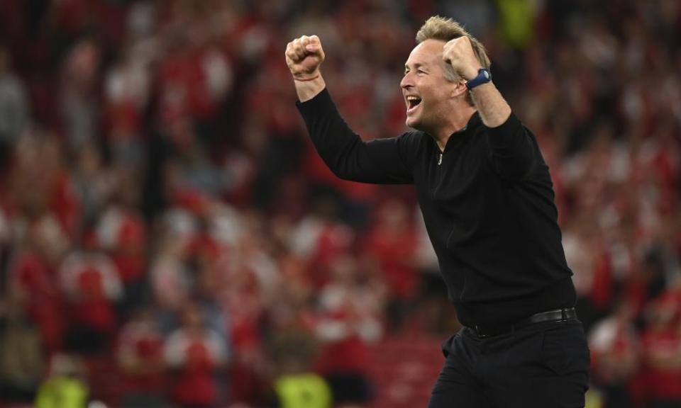 Denmark’s manager Kasper Hjulmand celebrates at a delirious Parken Stadium in Copenhagen after Denmark’s 4-1 win over Russia.