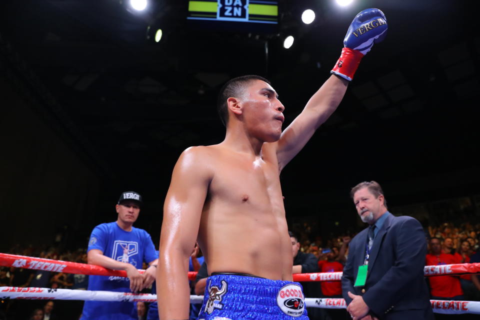 GRAND PRAIRIE, TX - AUGUST 10: Vergil Ortiz Jr. enters the arena for his fight against Antonio Orozco at The Theatre at Grand Prairie on August 10, 2019 in Grand Prairie, Texas. (Photo By Tom Hogan/Golden Boy/Getty Images)