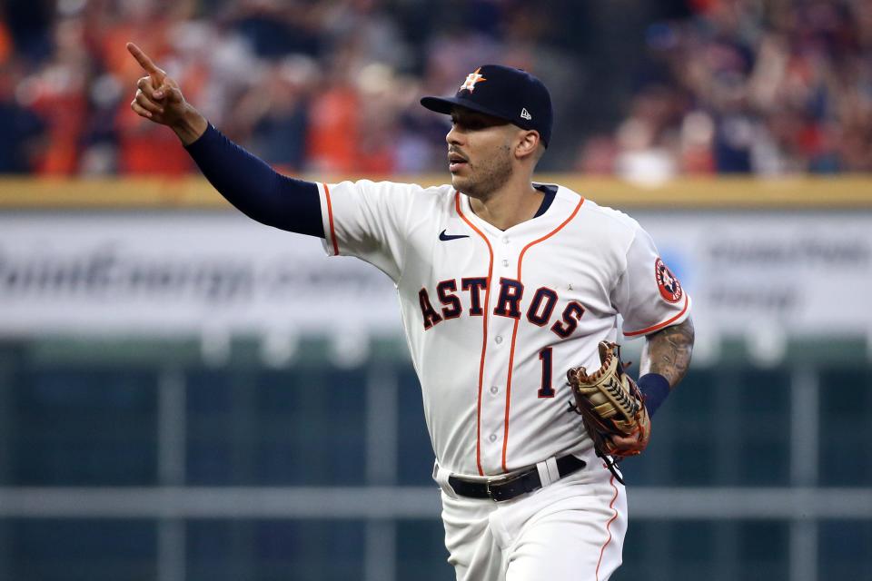 ALDS Game 1: Astros shortstop Carlos Correa celebrates an out in the second inning against the White Sox.