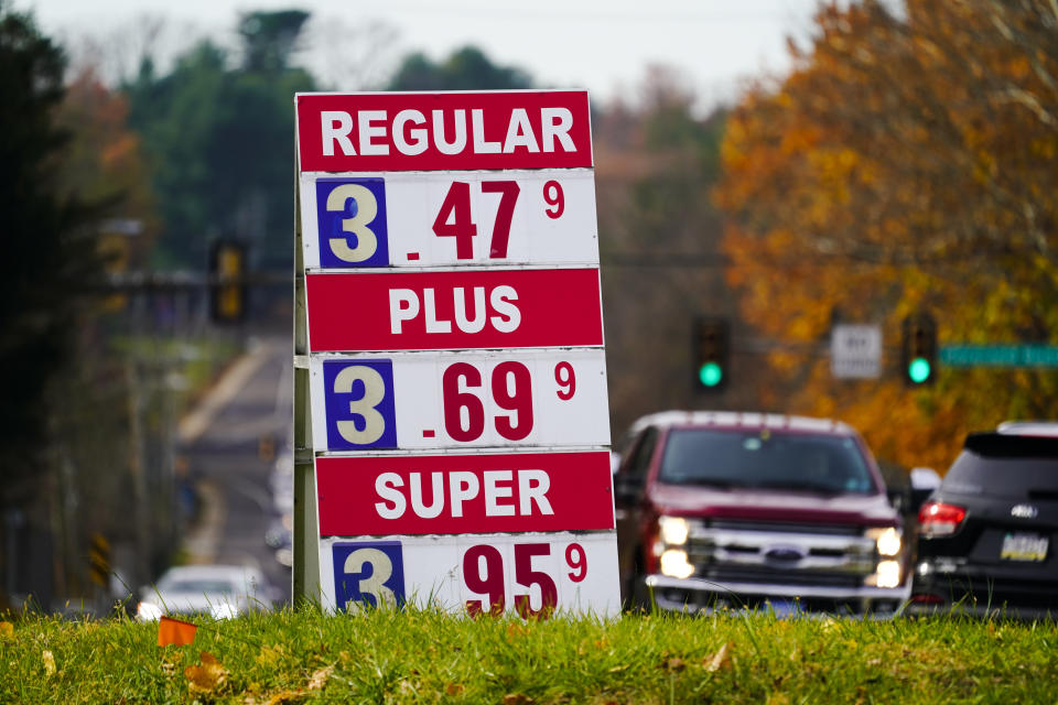 Gasoline prices are displayed at a station in Huntingdon Valley, Pa., Wednesday, Nov. 17, 2021. OPEC and allied oil-producing countries meet Thursday, Dec. 2, 2021, under the shadow of a surprise new COVID-19 threat, with uncertainty over the omicron variant's future impact on the global economic recovery hanging over their decision on how much oil to pump to a world that is paying more for gasoline. (AP Photo/Matt Rourke)