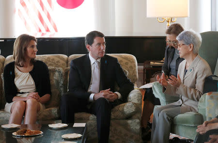 Sakie Yokota (R), mother of Megumi Yokota who was abducted by North Korea agents at age 13 in 1977, meets U.S. ambassador to Japan William Hagerty and his wife Chrissy in Tokyo, Japan, April 10, 2018. REUTERS/Kim Kyung-Hoon