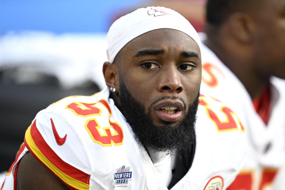 Jan 7, 2024; Inglewood, California, USA; Kansas City Chiefs defensive end BJ Thompson (53) looks on during the first half against the <a class="link " href="https://sports.yahoo.com/nfl/teams/la-chargers/" data-i13n="sec:content-canvas;subsec:anchor_text;elm:context_link" data-ylk="slk:Los Angeles Chargers;sec:content-canvas;subsec:anchor_text;elm:context_link;itc:0">Los Angeles Chargers</a> at SoFi Stadium. Mandatory Credit: Orlando Ramirez-USA TODAY Sports 